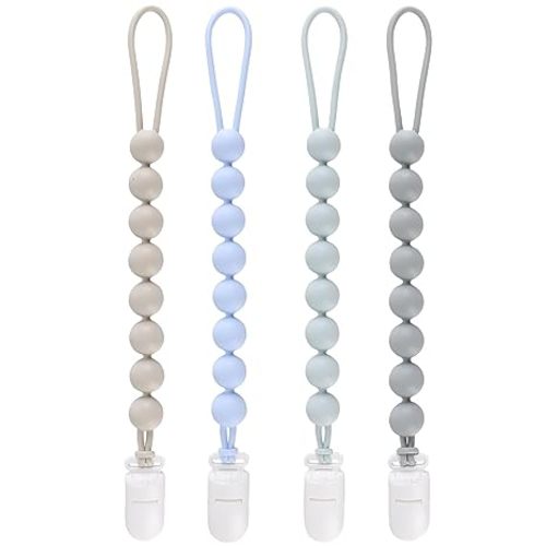 4-Pack Silicone Pacifier Clips for Baby Boys and Girls - with One-Piece Beads, Flexible and Rust-Free Holders for Teething Relief and Baby Essentials - Safe for Newborns (Grey)