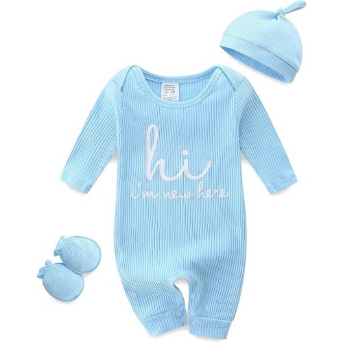 Baby Romper with Baby Mittens & Newborn Hats Footless Long Sleeve | Solid Onesie Hi Im New Here Baby Clothes Boy Girl Newborn Onesie Romper 0-3 Months Baby Boy Stuff Coming Home Outfit Gifts