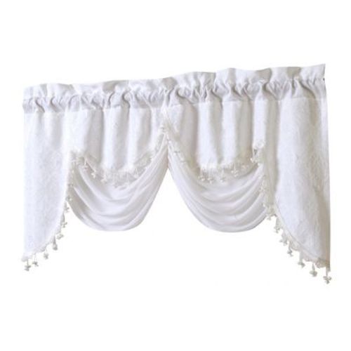 Kate Aurora Georgina Ultra Luxurious Raised Jacquard And Fringed Trimmed Austrian Window Valance - 52 in. W x 28 in. L, White