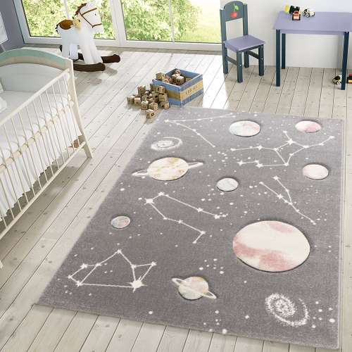 Space Rug for Kids Colorful Galaxy with Planets and Stars in Grey
