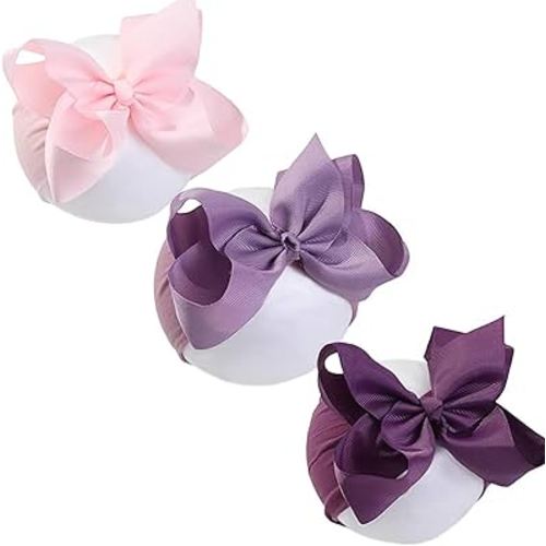 3 Pcs Baby Girls Headband Bows, Soft Nylon Hairbands Cute Big Bow Super Elastic Headband For Baby Girls Newborn Infant Toddlers (Pink Light Purple Deep Purple, Large 6 Inch)