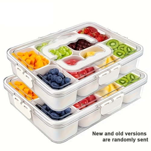 Snackle Box Container, 8 Compartment Divided Serving Tray with Lid and Handle, Portable Snack Tray and Serving Platter for Party, Picnic, Perfect for Fruit, Candy and Treats, 2 Pack