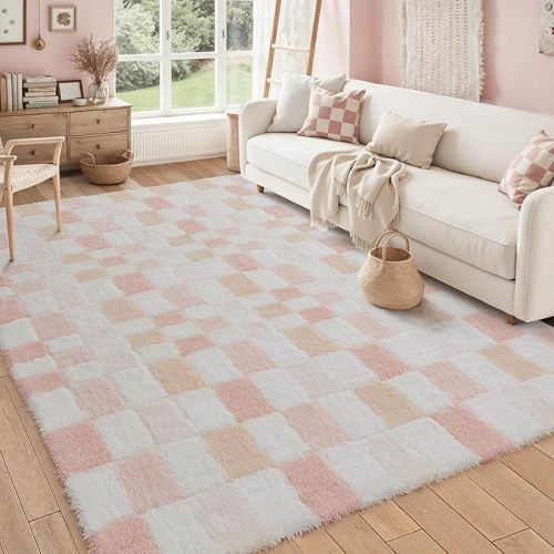 8x10 Pink Area Rug Fluffy Shag Checkered Living Room Throw Carpet Washable Non-Slip Soft Pile Fuzzy Large Rug for Bedroom Dorm Bathroom Dining Room Home Aesthetic Decor