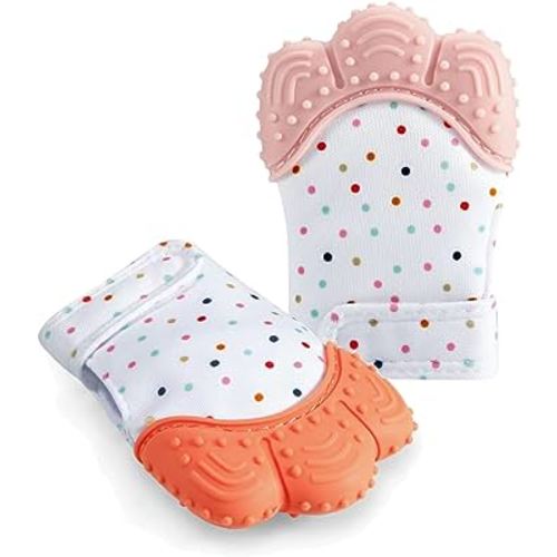 PandaEar Soothing Teething Mitten 2 Pack, Pain Relief, Protection Glove, Stimulating Teether, 0-12 Months (Orange Pink)