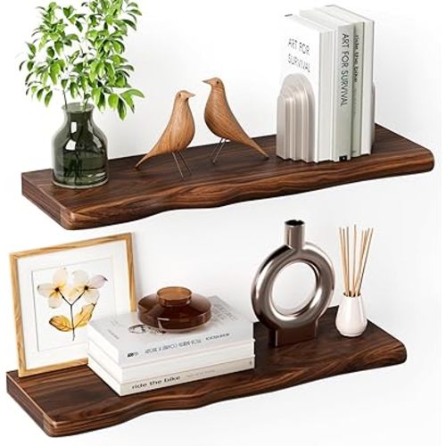 Floating Shelves for Wall Rustic Farmhouse 24 Inch Floating Shelf Bathroom Wooden Shelves for Wall Mounted Live Edge Pine Wall Shelf with Unique Natural Grain for Living Room Bedroom Kitchen (Walnut)