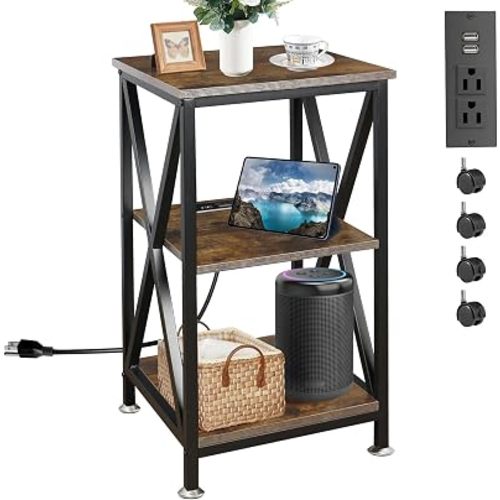Square End Table with Charging Station, 3-Tier End Table Living Room, 16" D X 16" W X 28" H, Wood and Metal Table with USB Ports and Outlets, Side Table with Wheels for Living Room, Bedroom, Kitchen