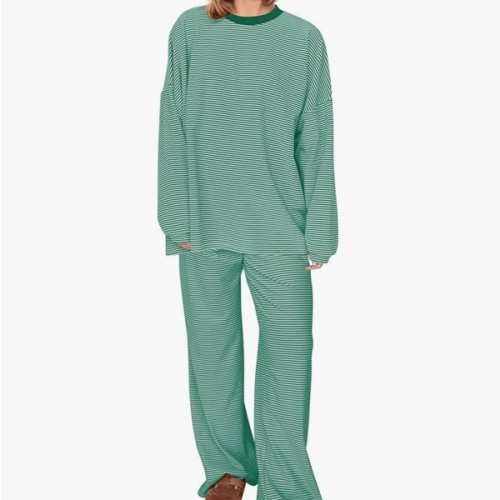 MISSACTIVER Women's 2 Piece Striped Lounge Set Long Sleeve Oversized T-Shirt Wide Leg Pants Matching Pajamas Set