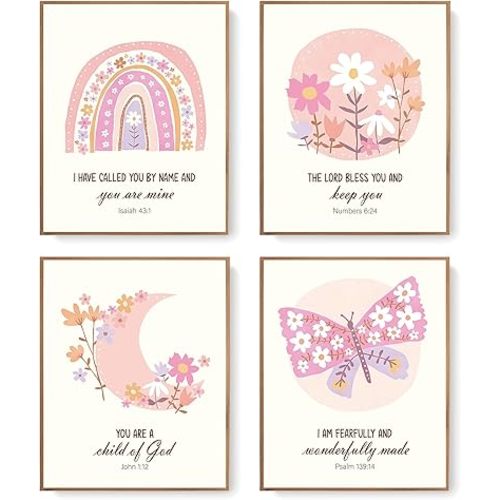 LARTSFRO Kids Bible Pink Flower Wall Art Prints, Inspirational Bible Verses Boho Decor for Nursery Baby Kids Bedroom, Christian Wall Art, Classroom Decor, Gifts for Kids 10x8 Inch Set of 4 Unframed