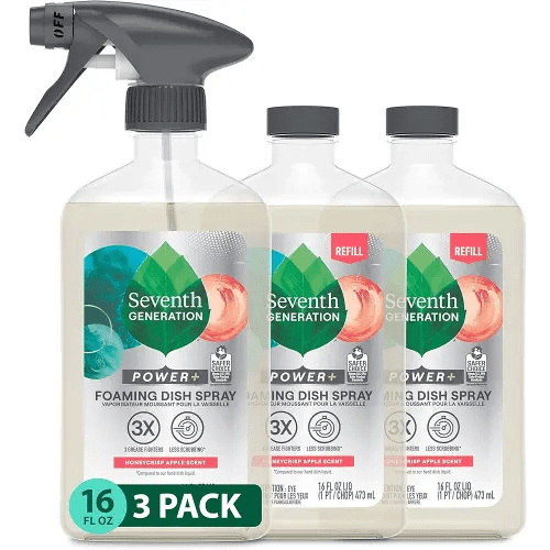 Seventh Generation Foaming Dish Spray, Honey Crisp Apple 16 Fl Oz (Pack of 3), Refill Pack of 3 with 1 Sprayhead