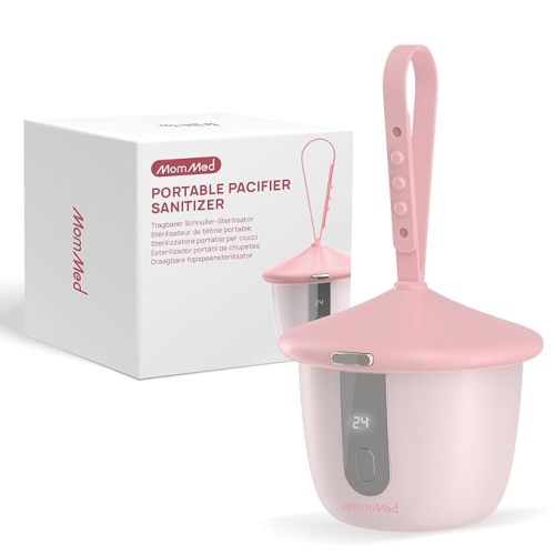 MomMed Portable Pacifier Sanitizer with Smart Display, Dual 60/180s Disinfection Modes, Auto Shut-Off, UV Pacifier Holder Case for Baby Pacifiers, Teethers, Bottle Nipples and More(Pink)