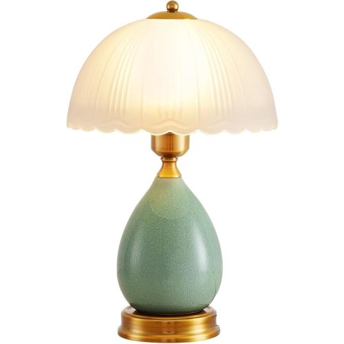 Table Lamps for Bedroom Vintage Golden Table Lamps for Bedroom Ceramic Retro Lamp for Living Room,16" Modern Bedside Nightstand Traditional Lamps, Classic Chinoiserie Green Glass Lamp for Home Decor