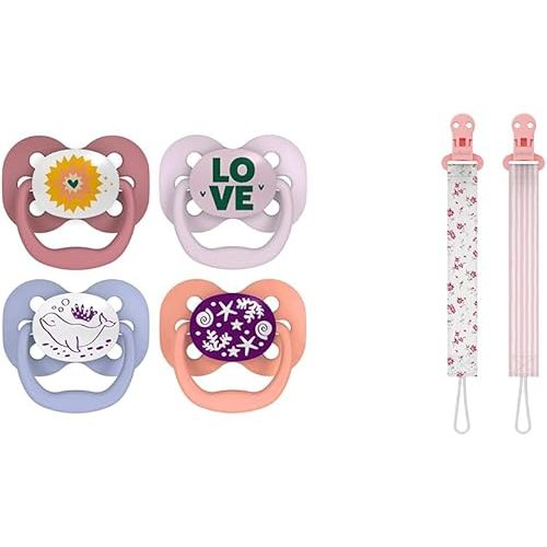 Dr. Brown's Advantage Glow-in-The-Dark Baby Pacifier, Fully Symmetrical Soother, Lavender Love-Coral Ocean, 0-6m, 4 Pack + Dr. Brown's Pacifier Clips, Universal Fit, Flowers and Stripes, 0-18m, 2-Pack