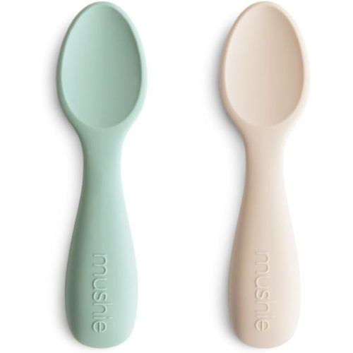 mushie Silicone Toddler Starter Spoons | 2 Pack (Cambridge Blue/Shifting Sand)