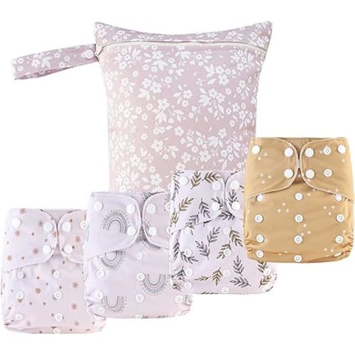 HappyFlute 9 Sets Newborn Baby Cloth Pocket Diapers One Size Adjustable Reusable Washable for Baby Boys and Girls(6-33 pounds,0-3 Years),One Wet Bag+4Diapers and 4Inserts