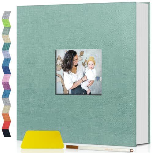 Popotop Photo Album Self Adhesive with Picture Display Window,40 Pages DIY Scrapbooking Supplies Kit for 4x6 8x10 Picture,Linen Cover Memory Book for Baby Wedding, with Scraper and Metallic Pen