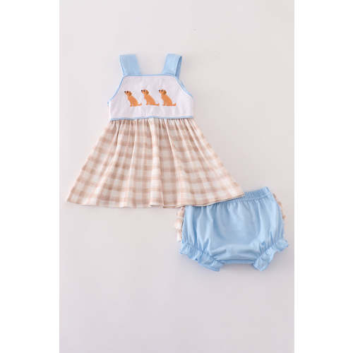 Beige puppy embroidery gingham bloomer set