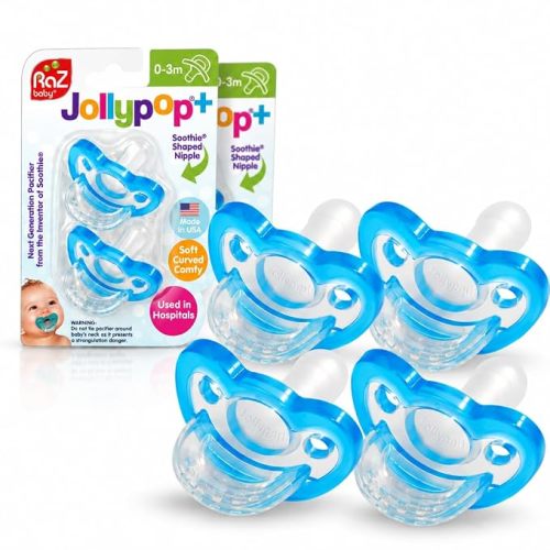 RaZbaby Jollypop Pacifier for Newborns & Up, USA Made, Natural Shaped Orthodontic Binky, Lovingly Shared in NICUs & Hospitals Worldwide, Medical-Grade 100% BPA-Free - 0-3 Months, 4 Pack - Blue