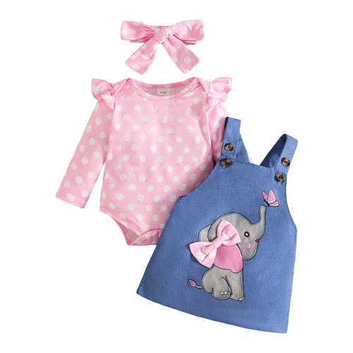 CAICJ98 Baby Girl Clothes Suspender Skirt Newborn Long Sleeve Ruffled Romper + Elephant Jeans Dress + Headband Fall Spring Outfits Pink,Size 3-6 Months