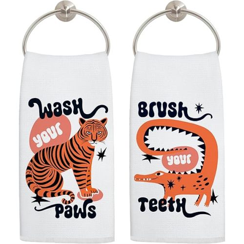Trendy Orange Tiger Crocodile Bathroom Hand Towels, Whimsical Funny Tiger Alligator Animal Hand Towels for Kids Bathroom Washroom Toilet Decor, 16x24 Inch Set of 2