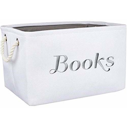 Books Basket, Storage & Organizer Bin for Kids, Baby. White Canvas Fabric Decorative Box with Gray Embroidering.