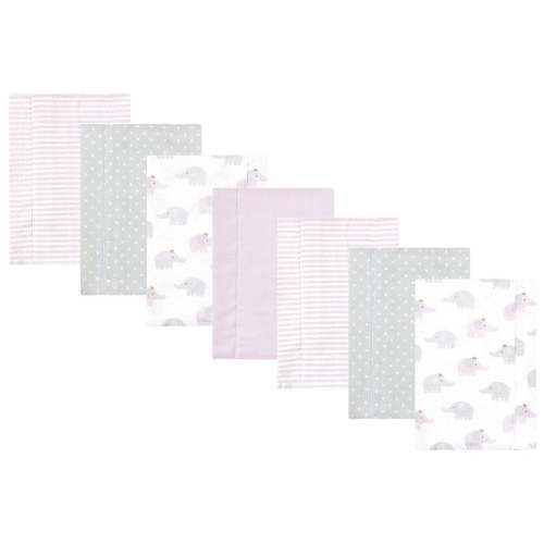 Hudson Baby Infant Girl Cotton Flannel Burp Cloths, Lilac Elephants 7 Pack, One Size