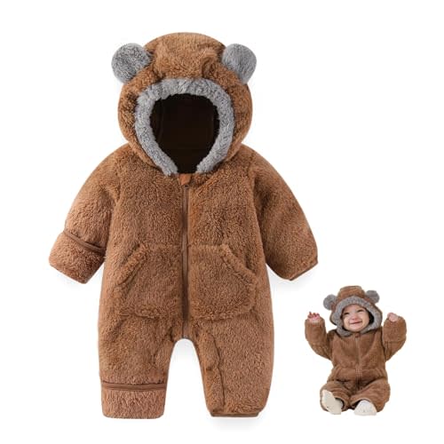 AiWMGL Newborn Baby Bear Outfit Suit With Fold-Over Mittens Footies Girls Boys Winter Fleece Clothes Hooded Romper Snowsuit