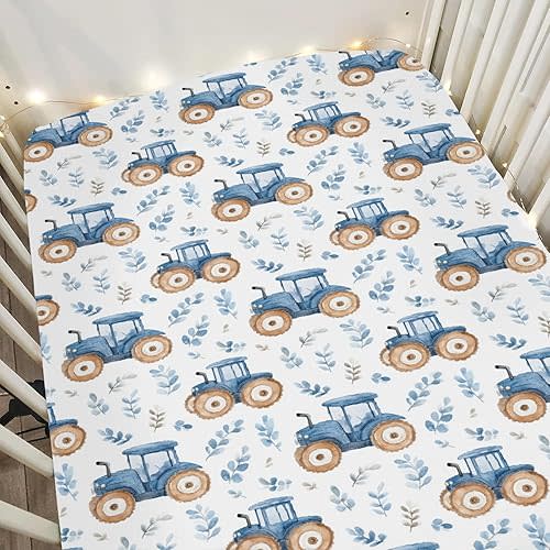 Blue Tractors Baby Crib Sheets for Boy Girl 52x28Inch Cute Farm Tractors Boho Leaves Soft Stretchy Fitted Crib Mattress Cover Farm Life Baby Sheet Fits Unisex Standard Bed and Toddler Mattress