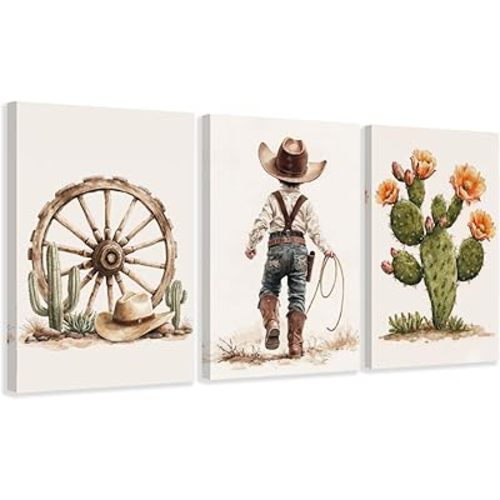 CCWACPP Western Cowboy Wall Art Set of 3 Cowboy Kids Wall Decor Western Themed Prints Beige Picture for Nursery Toddler Children Boy Room Boho Decor Framed (12"x16"x3)