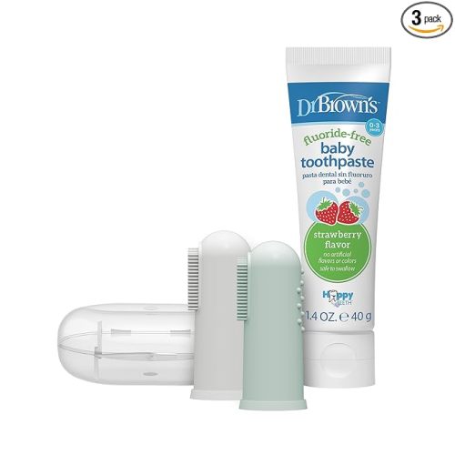 Dr. Brown's 100% Silicone Baby Finger Toothbrush and Toothpaste Set, 2-Pack Toothbrush with Storage Case, Fluoride-Free Strawberry Toddler Toothpaste, Gray & Light-Green