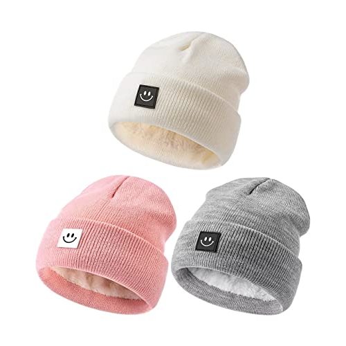 Hispeka Baby Beanie Hat 3 Packs with Cute Smiley Face, Toddler Girls Boys Baby Hats Winter, Kids Winter Hat Cold Weather