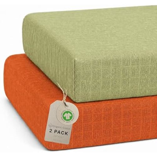 Salt Earth 100% Organic Cotton Muslin Standard Fitted Crib Sheet for Boys, Girls & Toddlers – 52"x28", 2 Pack Soft Breathable Natural Cotton Mattress Bed Sheets, Neutral Crib Sheet (Green & Rust)
