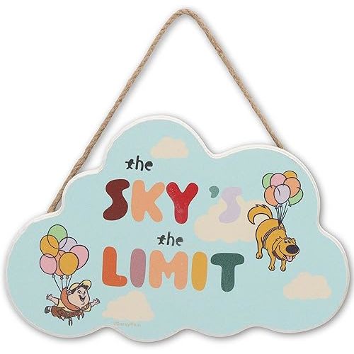 Disney Pixar Up The Sky's The Limit Hanging Wood Wall Decor - Cute Up Sign for Bedroom, Nursery or Office