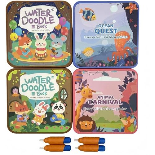 Reusable Water Painting Book for Kids 4 Pack - 36 Pages Mess-Free Magic Water Coloring Books with 4 Water Pens, Art Activity Toys for Toddlers Ages 3+