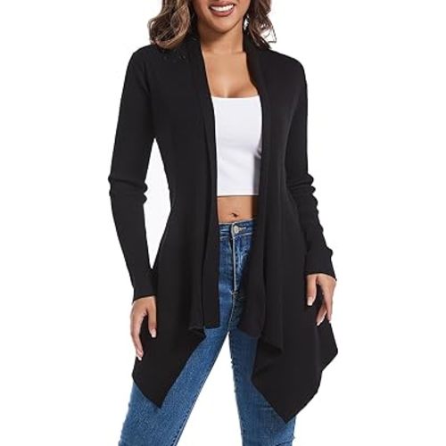 Women's Draped Open Front Cardigan, Long Sleeve Soft Ribbed Knit All-Season Outerwear with Irregular Hem