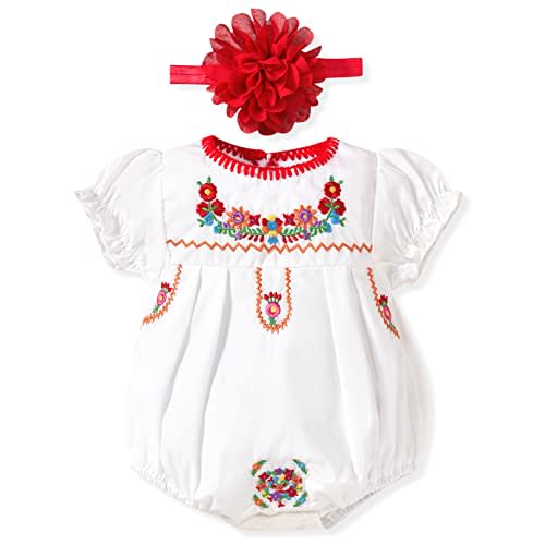 HINTINA Newborn Baby Girl Mexican Ethnic Embroidery Floral Bodysuit With Headband