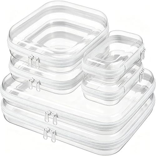 6 Pcs Clear Hard Shell Zipper Case – Clear Makeup Bag Set 2S/2M/2L, See-Through Hard Plastic Organizer Pouches with Double Zipper, Crush-Resistant Travel Toiletry Bag for Cosmetics,Toys