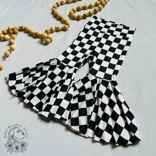Black & White Checkered Baby and Toddler Bell Bottoms | Trendy Kids Pants | Groovy, Racing Flag, Birthday Outfit, Two Fast, Fast One, Skater