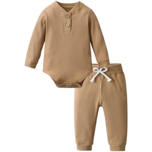 Derouetkia Newborn Baby Boy Girl Clothes Ribbed Cotton Long Sleeve Romper and Pants Outfits Set