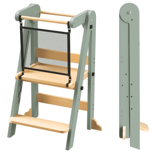 Homlux Foldable Toddler Kitchen Tower, Wooden Step Stool with 3 Adjustable Heights, Toddler Standing Tower with Safety Net (Green & Nature)