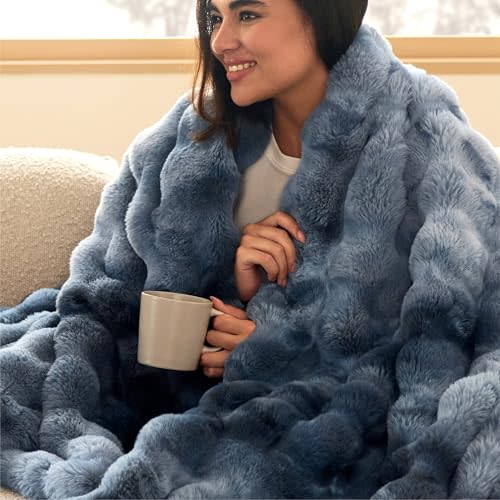 Bedsure Fluffy Bubble Faux Fur Throw Blanket, 50"x60", Tie-dye Blue | Soft, Fuzzy, Plush, Thick, Warm, Comfort, Couch, Bed, Sofa, Chair, Fleece, Cozy Gifts, Women, Men, Fall, Winter, Coloring
