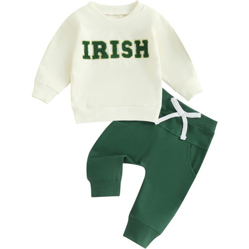 Kupretty Toddler Baby Boy Girl St Patricks Day Outfit Irish Shamrocks Clothes Embroidery Long Sleeve Sweatshirt + Pants Set