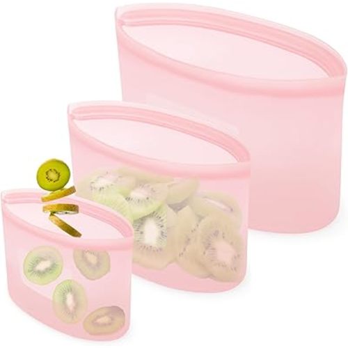Reusable Silicone Storage Containers Bags Dishwasher Microwave Safe, BPA Free Silicone Bags, Reusable Gallon Freezer Bags for Sandwich, Cereal, Vegetable, Home Organization (Pink 8oz 18oz 32oz 3Pack)