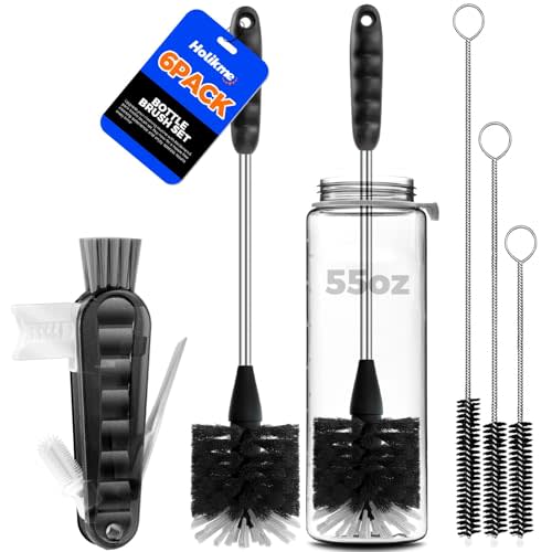 Holikme 6 Pack Bottle Brush Set, 14" Long Handle Stainless Steel Bottle Cleaner Brush, 3 Straw Brushes, 4-in-1 Bottle Cleaning Brush for Water Bottle, Antistatic Lab Brushes Straws, Black