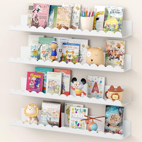 Floating Shelves for Wall, 23 Inch Metal Nursery Book Shelves 4 Pack, Wall Mounted Book Shelf for Kids Room, Bedroom, Bathroom, Playroom Decor （White）