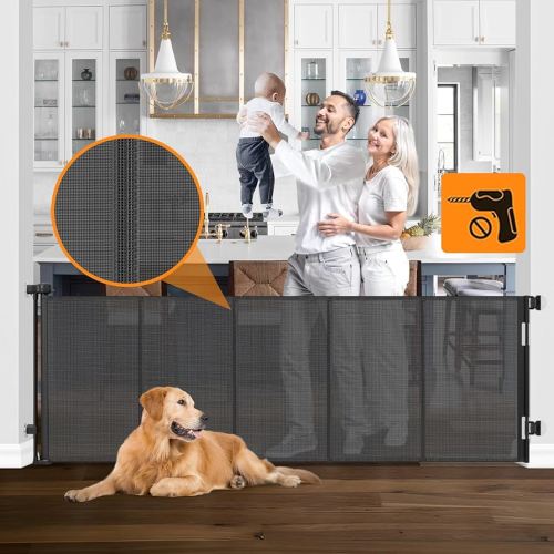 Reinforced No Drilling 100" Wide Retractable Baby Gates Extra Wide Dog Gate with Support Bars Mesh Baby Gate No Drill Retractable Pet Gates for Doorways No Drilling Retractable Dog Gates for The House