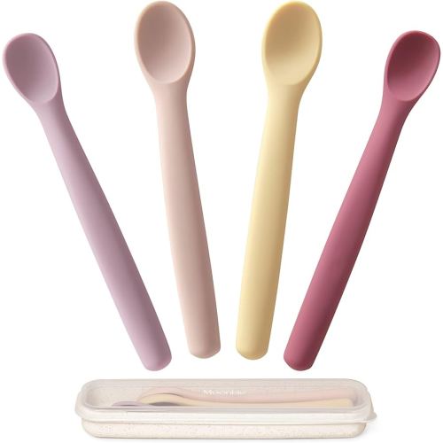 Moonkie Silicone Baby Spoons Set of 4, Toddler Spoons for Self Feeding 6 Months, Two Sizes Feeding Spoons for First Stage 4+ Months, Infant, Baby Utensils with Case, Bendable, Chewproof & Boil-proof
