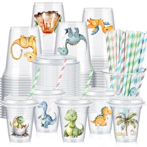Boao 36 Sets Dinosaur Baby Shower Favors Watercolor Dinosaur Party Cups with Lids and Paper Straws 14 oz Dino Birthday Party Supplies Dino Disposable Clear Plastic Cups Bulk