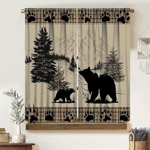 Rustic Bear Curtains, Vintage Beige Brown Plaid Wildlife Paw Pine Tree Forest Silhouette Patchwork Window Treatments, Blackout Rod Pocket Drapes For Living Room Bedroom Bathroom Kitchen 42x45in