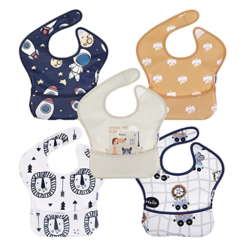 Soarwg Kids Baby Bibs, 5 Pack Waterproof Bibs for Unisex Boys Girls, Essential Must Have for Babies Eating, Feeding