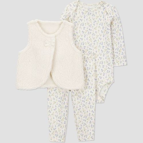 Carter's Just One You® Baby Girls' 3pc Floral Faux Shearling Vest with Bodysuit and Leggings Set - Cream 9M